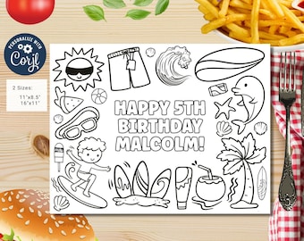 Editable surfing Birthday coloring page | Placemat coloring page | Any Age | Surf birthday Party Activity | bag filler | Summer party #K113