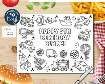 Editable Transportation Vehicles coloring page | Placemat coloring page | Any Age | Vehicles Party | Loot Bag Party Favor #K87