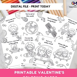 May include: Printable coloring cards featuring space-themed illustrations and cute astronaut characters. The cards include phrases like "You're out of this world" and "You're a rare find in this galaxy".