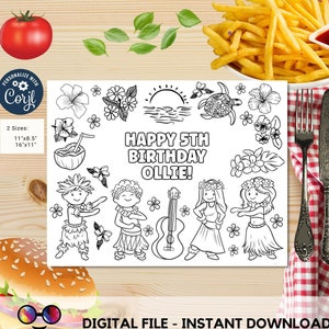Editable Hawaiian party coloring page | Aloha placemat | Any Age | Beach birthday | Luau Party Coloring Pages | beach party kids