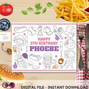 Editable Baseball Birthday coloring Page with a pop of color | girly | Sports Party | Boys playing Baseball placemat Edit Online #K253