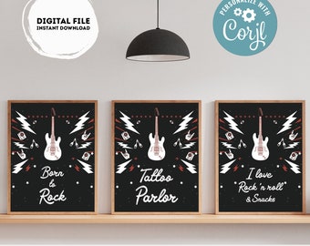 Könnte beinhalten: Drei druckbare Schilder mit schwarzem Hintergrund und weißem Text. Die Schilder zeigen eine weiße E-Gitarre mit roten Akzenten und Blitzen. Der Text auf den Schildern lautet "Born to Rock", "Tattoo Parlor" und "I love "Rock n' roll" & Snacks".