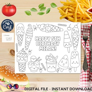 Editable Kawaii ice cream and popsicles coloring page | placemat | Any Age | Beach birthday | Summer Party Activity | beach party kids