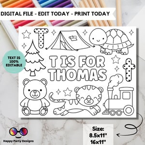 May include: Black and white printable coloring page featuring the letter T and various illustrations, including a tent, a turtle, a tree, a teddy bear, a tiger, a train, and stars. The text "T is for Thomas" is included on the page.
