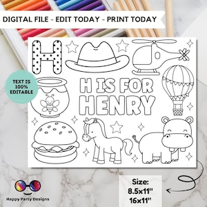 Nombre editable dibujo para colorear / H es para / nombre personalizado mantel individual del alfabeto / Material para maestros / Preescolar imprimible #SCH3