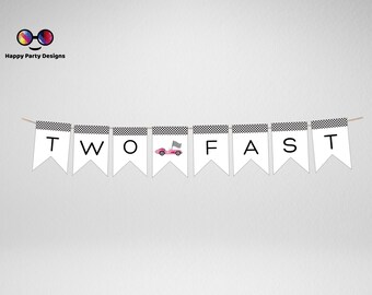 Crescere due striscioni di compleanno veloci / festa di auto da corsa / invito auto da corsa rosa / festa del 2° compleanno / Due striscioni veloci da stampare #K51
