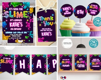 May include: A digital printable party bundle for a slime-themed birthday party. The bundle includes a banner, invitations, cupcake toppers, and signs. The colors are purple, green, yellow, and pink.