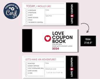 May include: A digital file featuring a love coupon book with three different coupon designs. The coupons include options for a massage, a gift, and a road trip. The book is personalized for Mathew and made with love by Lucia. The size is 2" x 6.5".