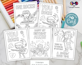 Editable Rock n roll coloring page | 5 designs | Rock and roll birthday Placemat | Any Age | Rock birthday | Game Rock 'n roll Party