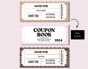 May include: Printable coupon book with a pink and brown design. The book has a title that says "Coupon Book" and the text "A Collection of Experiences to Cherish This Valentine's Day. 2024". The size of the book is 2 inches by 6.5 inches.
