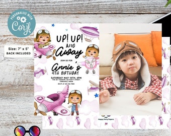 Editable Up Up and Away Invite with photo | Airplane Birthday Invitation | Airplane Party | Plane invitation | girl Party Airplane #K229