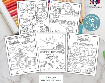 Editable Farm kids coloring page | 5 designs | Farm birthday Placemat | Any Age | Barnyard birthday | Game Farm Party Activity