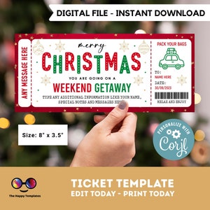 Bewerkbare ticketsjabloon voor weekendje weg | cadeaubon | Bewerkbare directe download | Cadeaubonsjabloon | Cadeaubon voor feestdagen
