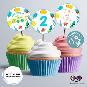 Editable two cool cupcake toppers | birthday boy | Pool party | round tags | Summer birthday | 2nd birthday | any age #K220