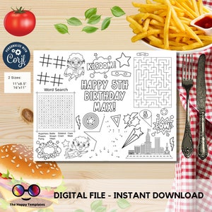Editable Superhero kids activity coloring page | Superheroes birthday Placemat | superhero birthday | Superhero Comic Party Activity