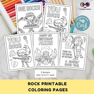 One rocks, rock and roll birthday, rock n roll party, coloring pages, editable