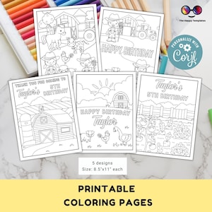 Editable Farm kids coloring page | 5 designs | Farm birthday Placemat | Any Age | Barnyard birthday | Game Farm Party Activity