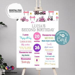 Editable Milestone Sign | Trucks birthday | Party under construction Decorations | baby Girl | Pink trucks Sign | Pink Trucks party #K69