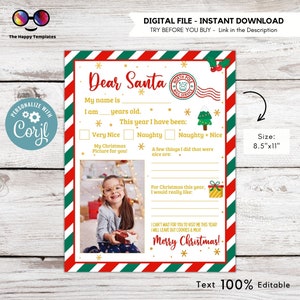 Carta editable de Querido Papá Noel con imagen / Carta a Papá Noel / Carta de Navidad / Carta para niños a Papá Noel / Carta imprimible #K257