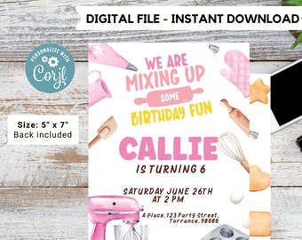 Invito di cottura modificabile / Invito di compleanno di cottura stampabile / Compleanno ragazza / ragazza Invito alla festa di cucina / Invito alla cottura di cupcake #K137