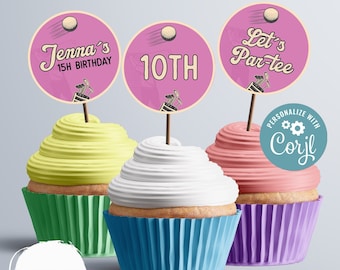 Edytowalny szablon na babeczki golfowe | golfowe przyjęcie urodzinowe dla dziewczynki | Par-tee Birthday Party | dziewczęce przyjęcie urodzinowe | Naklejki | okrągły tag #K179