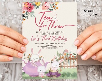 Tee für drei Einladung | Teeparty Invite | 3 Jahre alte Einladung | geblümte Teeparty | 3.Geburtstag | Geburtstagskind #K120
