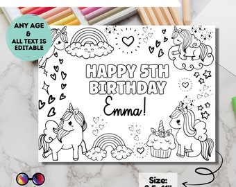 Editable unicorns coloring page | Placemat coloring page | Any Age | Unicorns birthday | Unicorn Party Activity | Loot Bag Party Favor