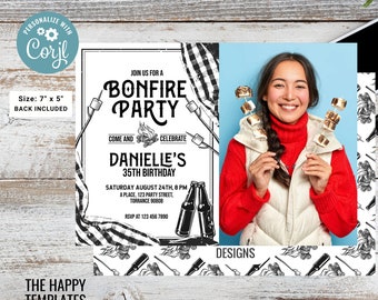 Editable Bonfire party invitation with photo | Digital Bonfire Birthday invite | Millennials invitation | Camping birthday invitation #K193