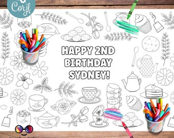 May include: A black and white printable coloring page featuring a tea party theme with teacups, teapots, cupcakes, cookies, and flowers. The text "HAPPY 2ND BIRTHDAY SYDNEY!" is at the top of the page.