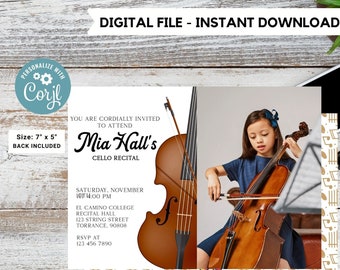 EDITABLE Cello Recital Invitation Template with photo | Orchestra Concert | Instant Download | Digital | Personalize Online #K236