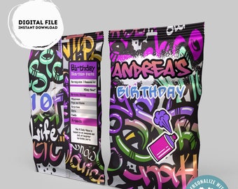 Editable Graffiti Chip Bag | Digital Graffiti  printable Chip Bag | Party Snack Graffiti  Birthday girl | Personalized Favors  Corjl #K2