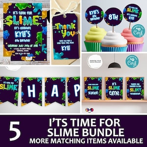 Puede incluir: Un paquete de fiesta imprimible para una fiesta de cumpleaños con temática de slime. El paquete incluye invitaciones, etiquetas de agradecimiento, adornos para cupcakes, una pancarta y letreros. El diseño presenta slime verde y azul goteando sobre un fondo negro.