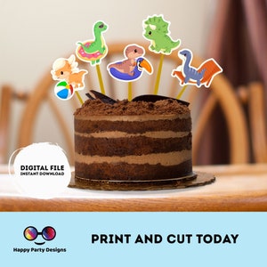PRINTABLE Dinosaur Pool Party Cake Toppers |  Dinosaur Pool Party  Birthday Party Cake Toppers | Dino Party Cake Toppers Centerpieces #K83
