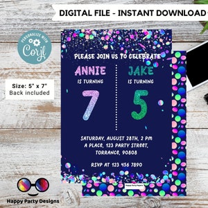 EDITABLE Sibling birthday invitations | any age! double birthday invitations | sibling party invitations siblings glitter double party #K198