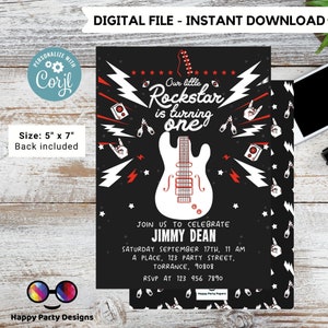 Our little rock star is turning one | Rock &#39;n roll Birthday Invitation | Rock Star Party Invitation | Rock Guitar Birthday invitation #K262