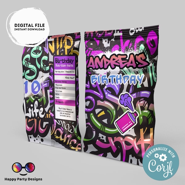Sac à puces graffiti modifiable | Graffiti numérique imprimable Chip Bag | Party Snack Graffiti Birthday girl | Personnalisé Favoris Corjl #K2