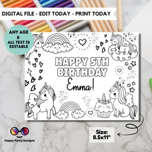Desenho de unicórnios editáveis para colorir | Desenho de jogo americano para colorir | Qualquer idade | Aniversário dos unicórnios | Atividade de festa do unicórnio | Lembrancinha de festa com saco de saque
