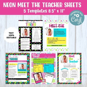 Paquete de plantillas editables Neon Meet the Teacher / Plantillas Meet the Teacher / Carta de bienvenida de regreso a la escuela Imprimible Meet the Teacher #S2