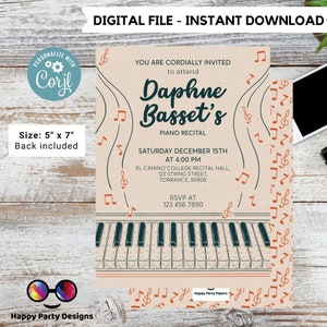 EDITABLE Piano Recital Invitation Template | Orchestra Concert | Instant Download | Digital | Personalize Online | musical | music  #K236