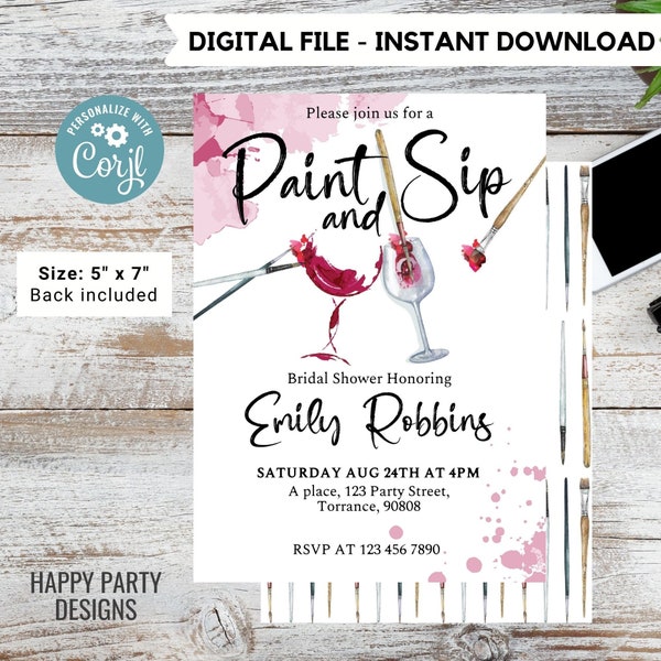 Paint and sip wine invitation | bridal shower | Art Party Birthday | PRINTABLE wine party invitation | Sip & Paint Artist Birthday #W7