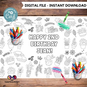 Plants XL Coloring Table Runner | Editable plants Birthday coloring page | Placemat coloring page  Succulents and cactus coloring page #K154