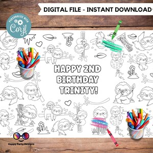 May include: A black and white printable colouring page featuring sloths, hearts, leaves, and the text "Happy 2nd Birthday Trinity!"