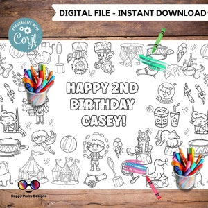 Circus XL Table Runner | Editable circus coloring page | Placemat coloring page | Circus birthday party | Circus Party Activity  #K119