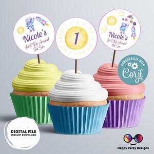 Editable First Trip Around the Sun cupcake toppers | Outer Space birthday | Astronaut Girl Birthday Party  | Outer Space stickers  #K57