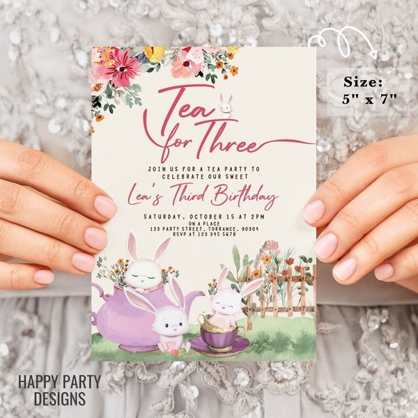 Tea for three Invitation | tea party Invite | 3 year-old Invitation | flowered tea party | 3rd birthday | birthday girl #K120