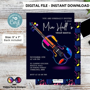 May include: A colorful invitation for a violin recital. The invitation features a colorful illustration of a violin on a dark blue background. The text on the invitation reads "You are cordially invited to attend Mia Hall's Violin Recital." The invitation also includes the date, time, and location of the recital.
