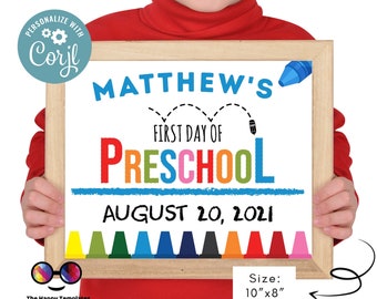 Editable Primer día de preescolar / Signo de preescolar / 1er día de signo de preescolar / signo de escuela personalizado / Signo de escuela de niño