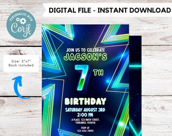 EDITABLE Boy 7th birthday invitation | Neon Glow in the dark Party | Birthday Boy | 7th Neon Green Blue Birthday | glow party #K185