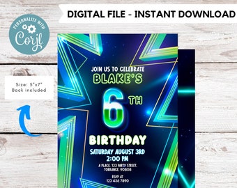 EDITABLE Boy 6th birthday invitation | Neon Glow in the dark Party | Birthday Boy | 6th Neon Green Blue Birthday #K185
