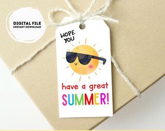 Op de afbeelding: Een wit cadeau-etiket met een cartoonzon die een zonnebril draagt en de tekst "Ik hoop dat je een geweldige ZOMER hebt!" in kleurrijke letters.